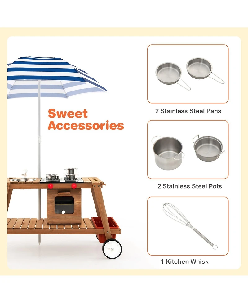 Akiudex Kids Wooden Kitchen Cart Playset with Umbrella, Sink, Stove and Storage