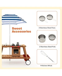 Akiudex Kids Wooden Kitchen Cart Playset with Umbrella, Sink, Stove and Storage
