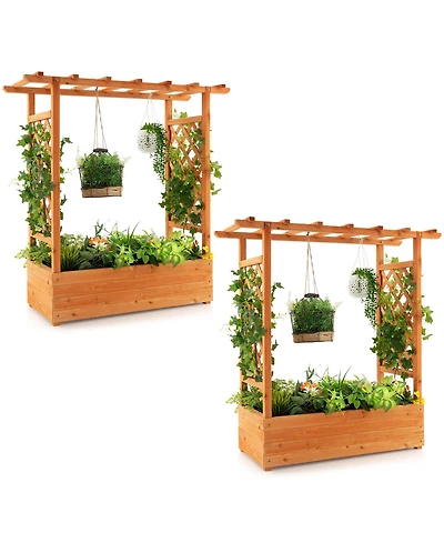Gymax 2PCS Raised Garden Bed Planter Box w/ Side & Top Trellis for Vine Climbing Plants