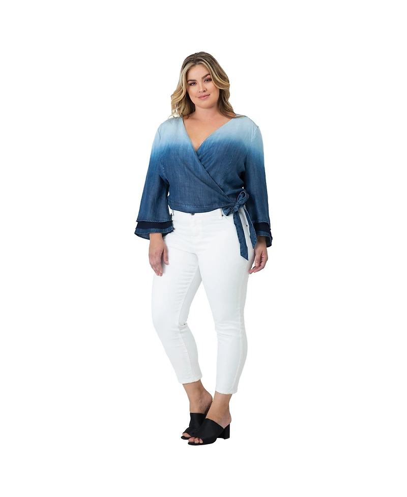 Standards & Practices Plus Size Dip Dye Bell Sleeve Denim Wrap Crop Top
