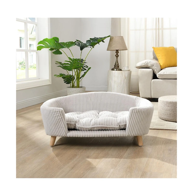 Zeus & Ruta Beige Corduroy Elevated Pet Couch with Wood Legs