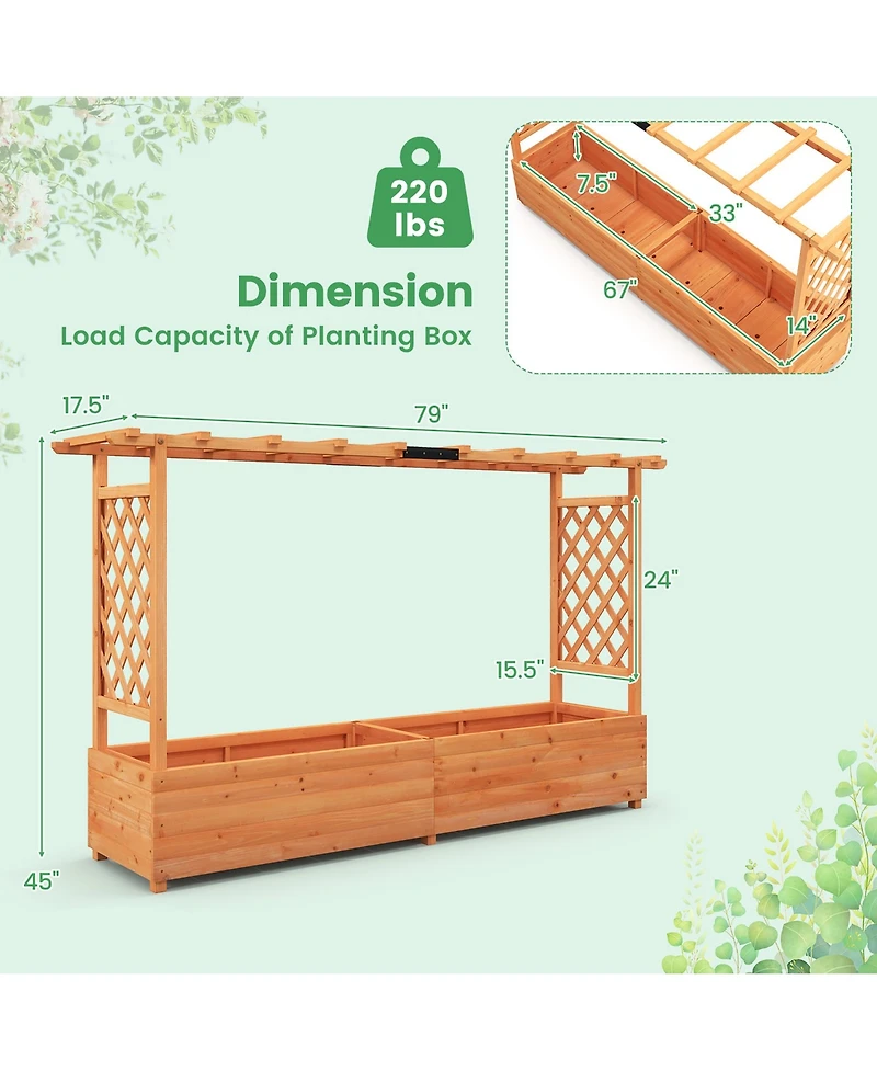 Gymax Raised Garden Bed w/ 2-Sided Trellis & Hanging Roof Fir Wood Planter Box w/ Drainage Holes
