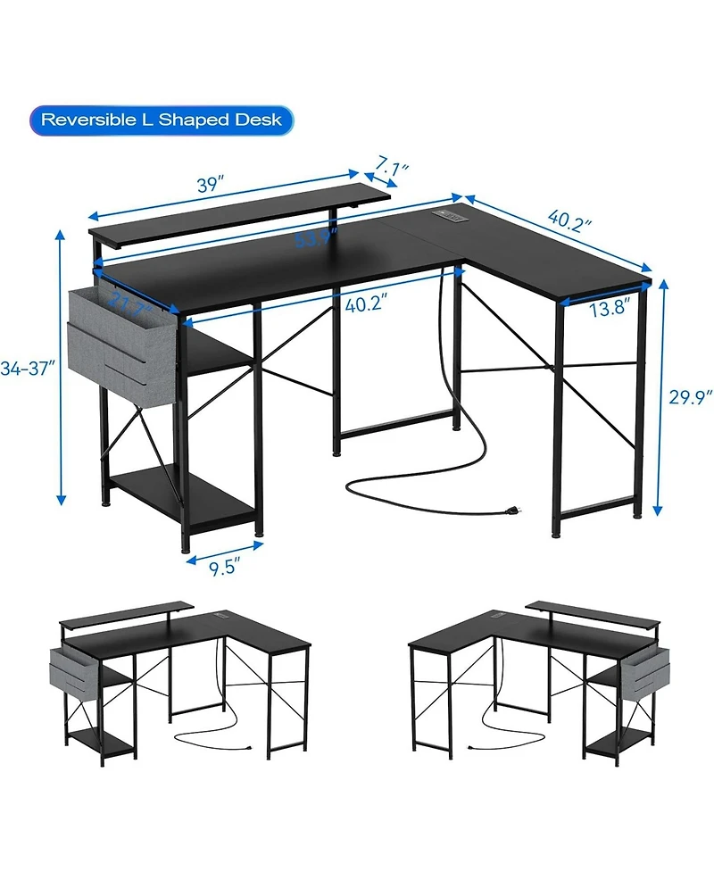 gaomon 54 inch Gaming Desk, Reversible L Shaped Desk, Corner Computer Desk with Monitor Stand, Power Outlets, Led Lights and Storage Shelves for Home