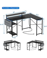 gaomon 54 inch Gaming Desk, Reversible L Shaped Desk, Corner Computer Desk with Monitor Stand, Power Outlets, Led Lights and Storage Shelves for Home