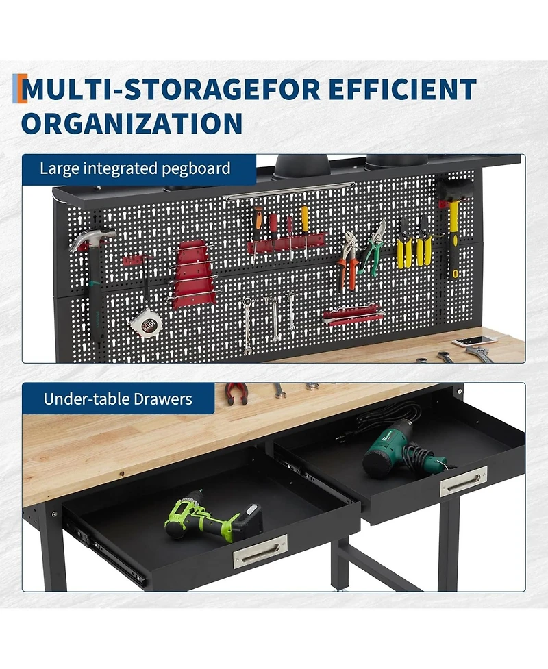 60" Heavy Duty Workbench w/Drawers,Garage Work Bench w/Pegboard,Led Lighting System,Tool Storage,Wood Metal Work Table for Workshop Warehouse