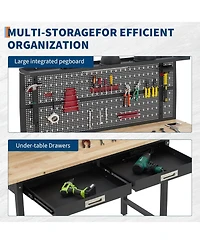 60" Heavy Duty Workbench w/Drawers,Garage Work Bench w/Pegboard,Led Lighting System,Tool Storage,Wood Metal Work Table for Workshop Warehouse