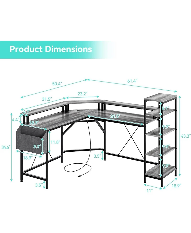 gaomon L Shaped Desk with Power Outlets & Led Lights, 62" Computer Desk with Full Monitor Stand & Storage Shelves, Corner Desk Gaming Desk, Ergonomic