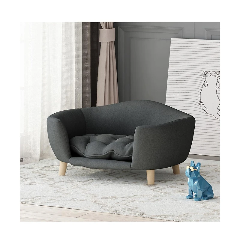 Zeus & Ruta Gray Corduroy Elevated Pet Couch with Wood Legs