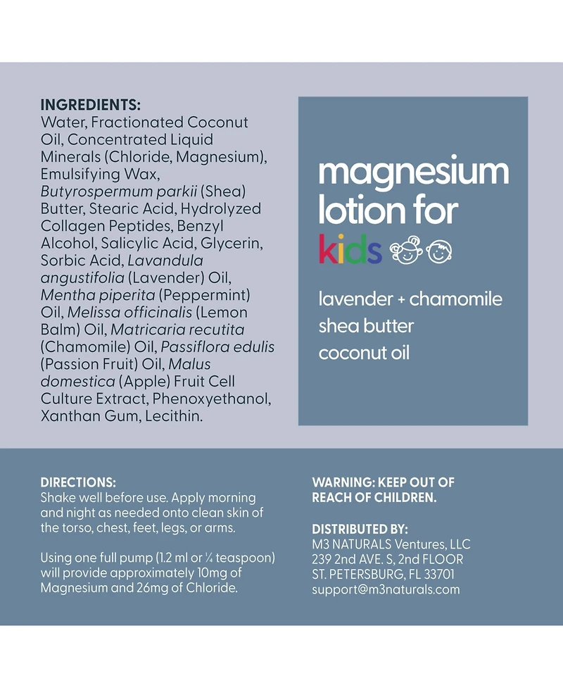 M3 Magnesium Lotion for Kids, Lavender & Chamomile, 8 fl oz
