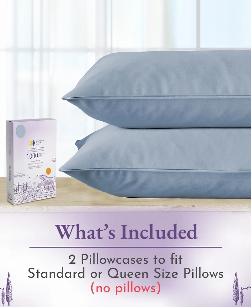 Luxury 1000 Thread Count Queen / Standard Pillow Cases Set of 2 - 100% Cotton Sateen, Smooth and Crisp Premium