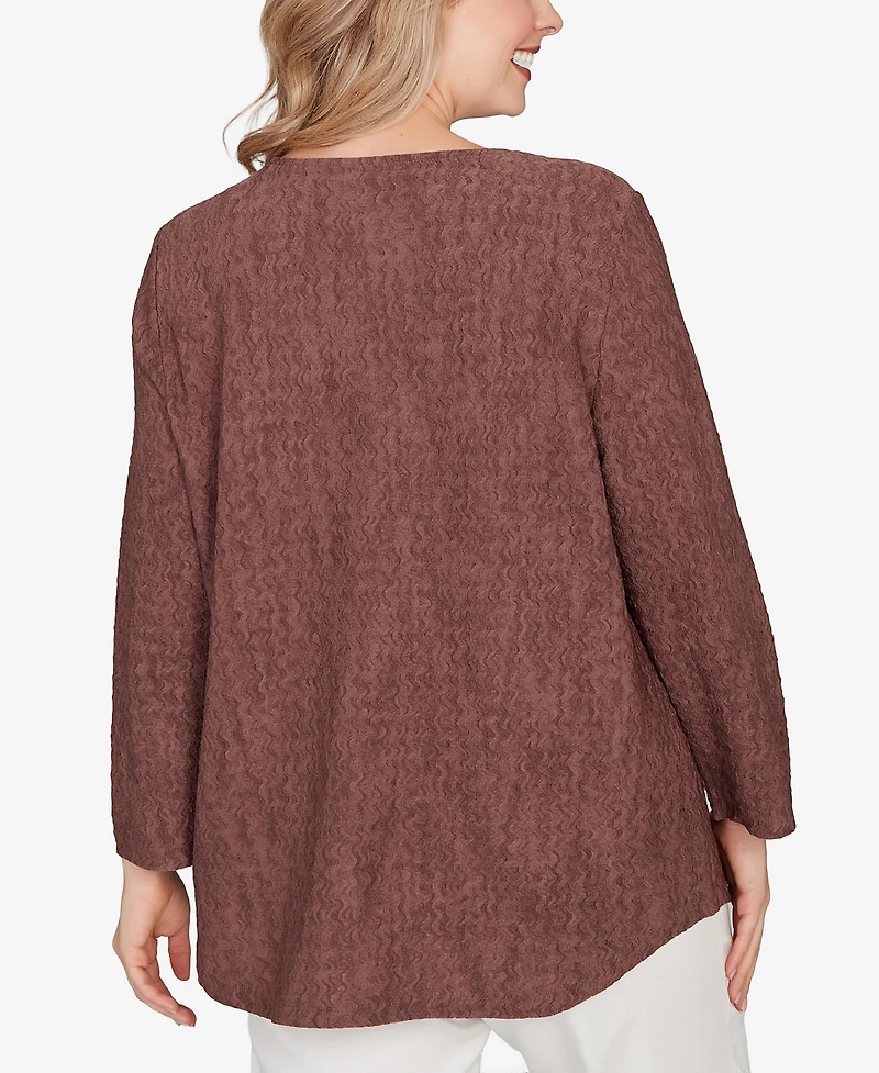 Hearts Of Palm Plus Novelty Crinkle 3/4 Sleeve Top