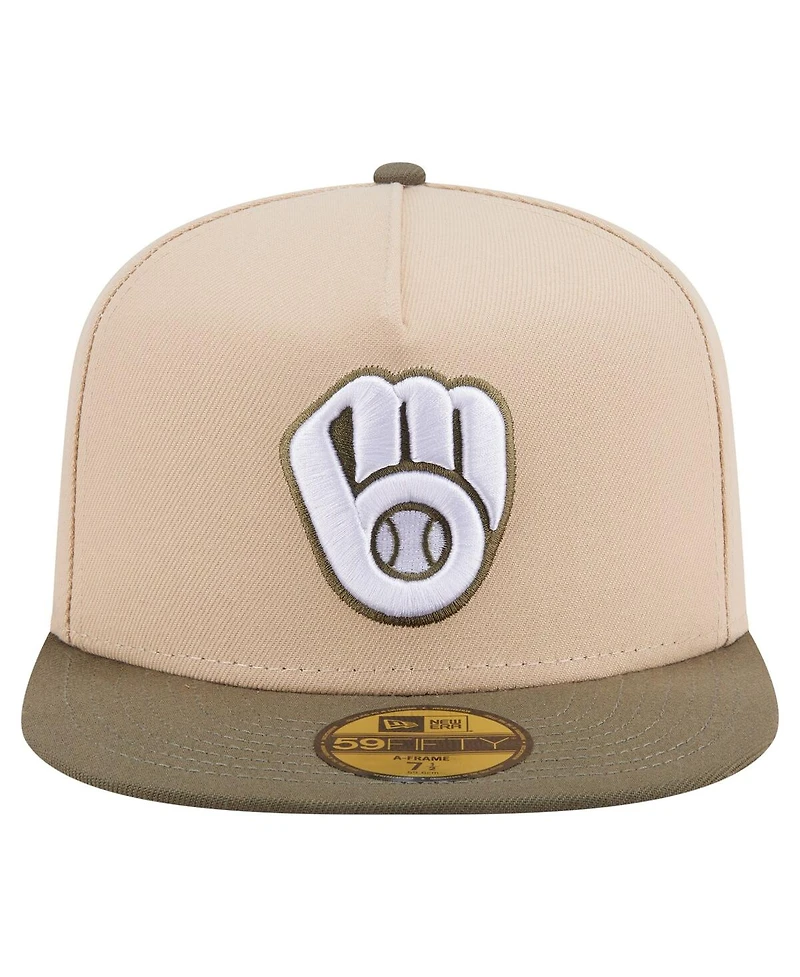 New Era Men's Light Beige/Olive Milwaukee Brewers Two-Tone Color Pack A-Frame 59FIFTY Fitted Hat