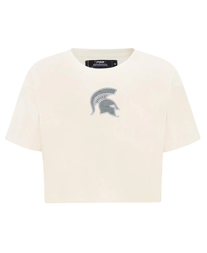 Pro Standard Women's Cream Michigan State Spartans Reverse French Terry Boxy Cropped T-Shirt
