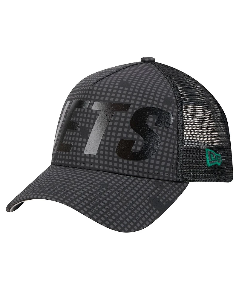 New Era Men's Black New York Jets Throwback Midnight Ink Tonal Text A-Frame Trucker 9FORTY Adjustable Hat