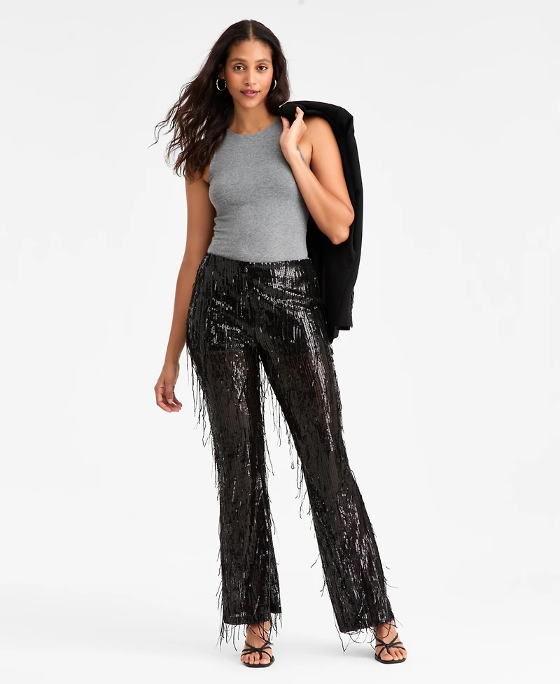 Bar Iii Women's Sequined Fringe High Rise Fitted Pants, Macy's Exclusive