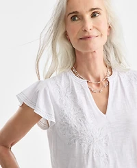 Style & Co Petite Cotton Embroidered Flutter-Sleeve Knit Top, Macy's Exclusive