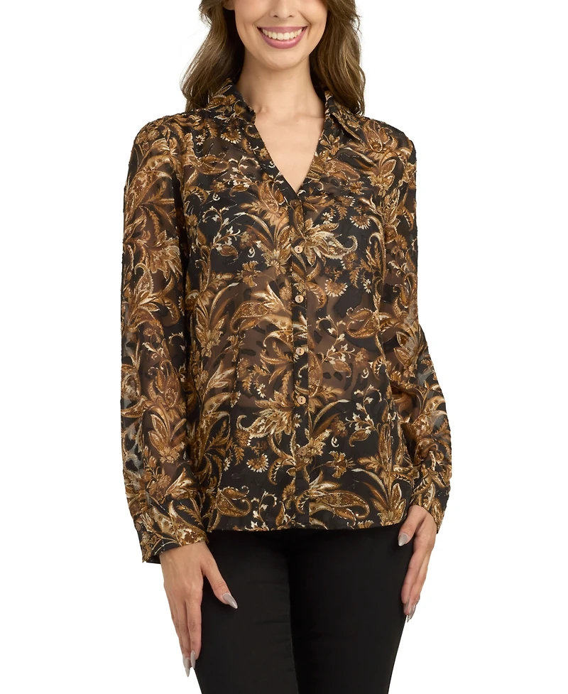 Bcx Women's Jacquard Burnout Print Top