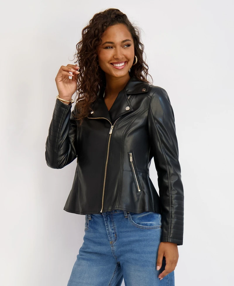 Kensie Women's Asymmetrical Pu Peplum Moto Jacket with Quilting Details