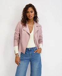 Kensie Women's Asymmetrical Pu Peplum Moto Jacket with Quilting Details