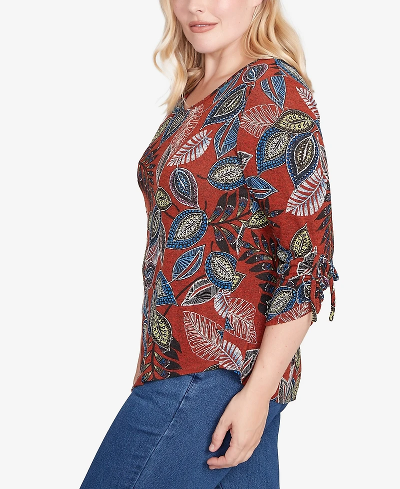 Alfred Dunner Petite Sunset Canyon Batik Leaves Melange Asymmetrical Top