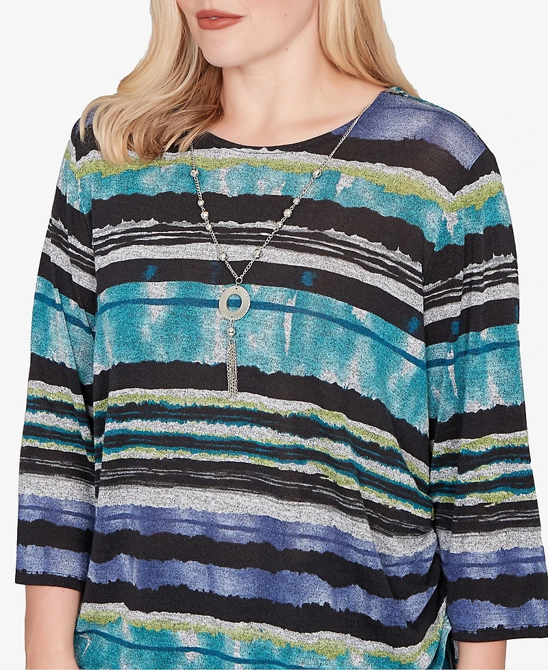 Alfred Dunner Petite Lake Champlain Biadere Melange Stripe Top With Necklace
