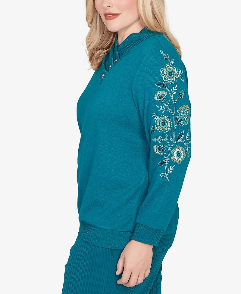 Alfred Dunner Petite Lake Champlain Embroidered Sleeve Button Detail Top