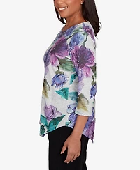 Alfred Dunner Petite Lake Champlain Asymmetrical Watercolor Flower Top