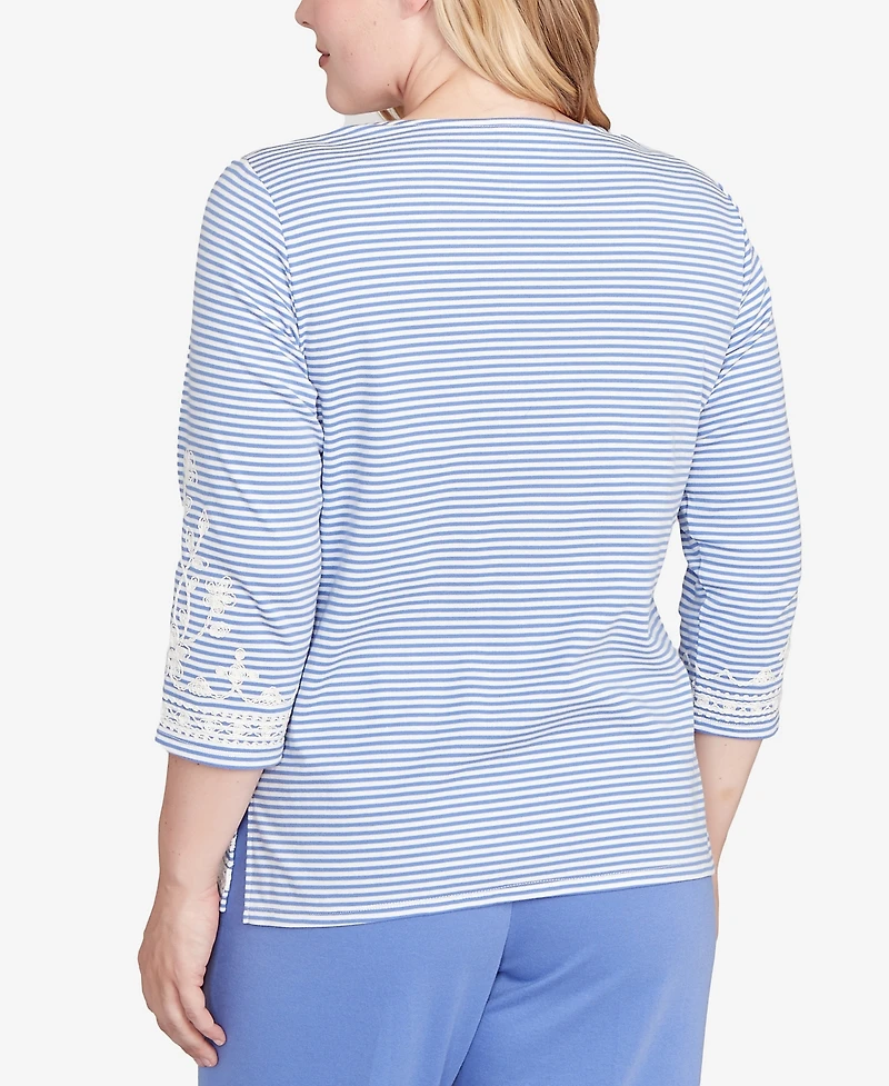 Alfred Dunner Petite Casual Vibe Embellished Striped Crew Neck Top