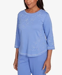 Alfred Dunner Petite Casual Vibe Asymmetrical Floral Embroidered Detail Top