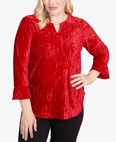 Alfred Dunner Petite Jet Setter Crushed Velvet Henley Tie Sleeve Top