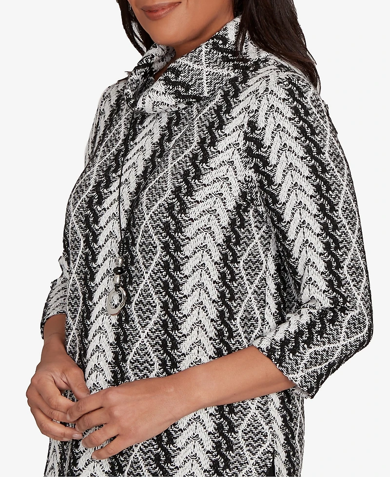 Alfred Dunner Petite Jet Setter Cable Jacquard Knit Top with Necklace
