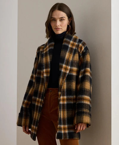 Lauren Ralph Women's Plaid Shawl Collar Wrap Jacket