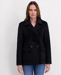 Kensie Double Breasted Patch Pocket Faux Wool Jacket with Fringe