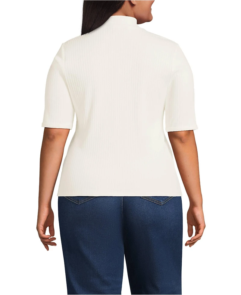 Lands' End Plus Size Elbow Sleeve Pointelle Rib Mock Neck