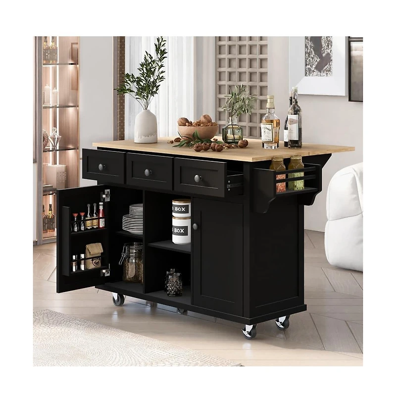 Maison Boucle Kitchen Island Cart with Drop Leaf, Rubber Wood Top, 3 Drawers & Internal Racks, Rolling Storage on Wheels-Maison