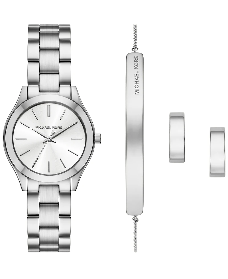 Michael Kors Women's Slim Runway Three-Hand Silver-Tone Stainless Steel Watch and Jewelry Set, 32mm