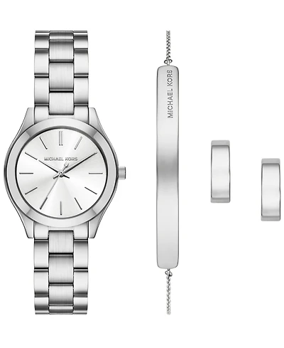 Michael Kors Women's Slim Runway Three-Hand Silver-Tone Stainless Steel Watch and Jewelry Set, 32mm