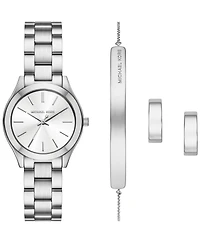 Michael Kors Women's Slim Runway Three-Hand Silver-Tone Stainless Steel Watch and Jewelry Set, 32mm