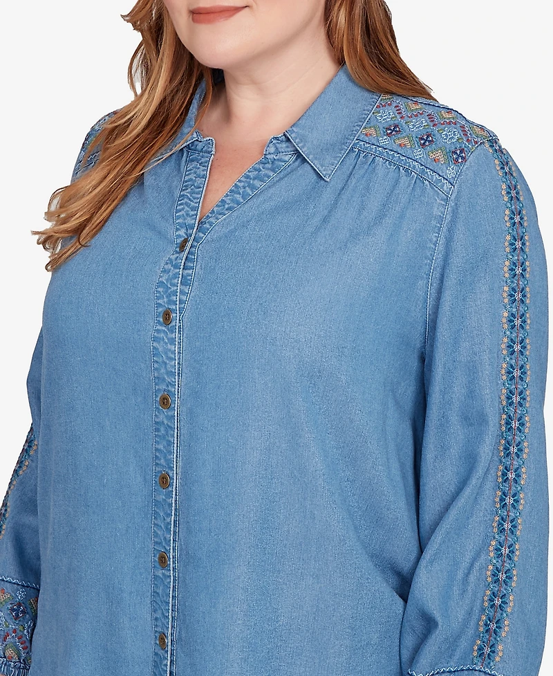 Alfred Dunner Plus Sunset Canyon Needlepoint Embroidered Button Front Top