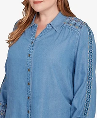 Alfred Dunner Plus Sunset Canyon Needlepoint Embroidered Button Front Top