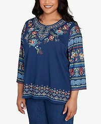 Alfred Dunner Plus Sunset Canyon Printed Sleeve Floral Embroidered Top