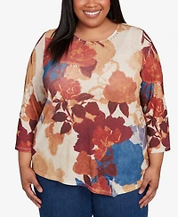 Alfred Dunner Plus Size Sunset Canyon Dramatic Abstract Floral Asymmetrical Top