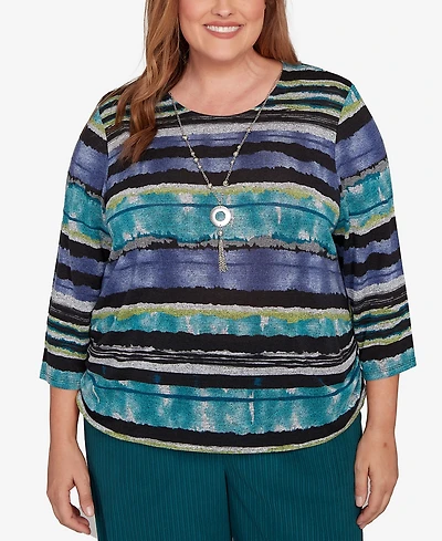 Alfred Dunner Plus Lake Champlain Biadere Melange Stripe Top with Necklace