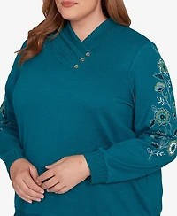 Alfred Dunner Plus Lake Champlain Embroidered Sleeve Button Detail Top