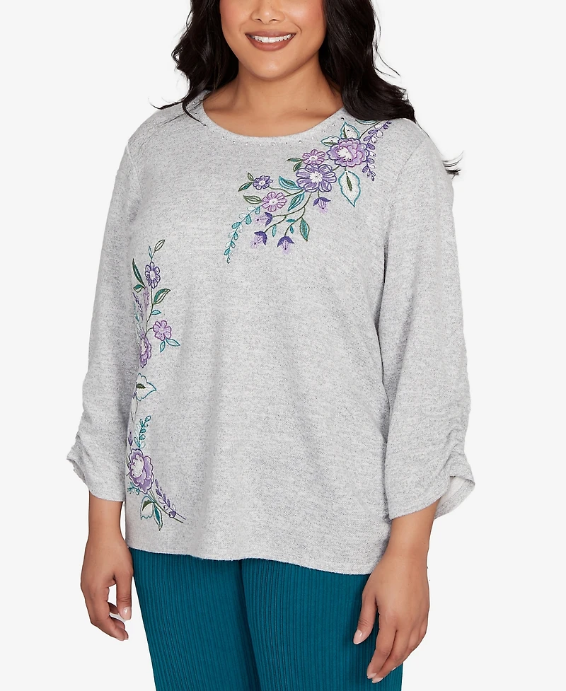 Alfred Dunner Plus Lake Champlain Embroidered Flowers Top with Side Tie Ruching