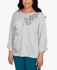Alfred Dunner Plus Lake Champlain Embroidered Flowers Top with Side Tie Ruching