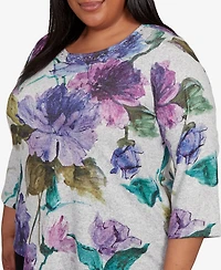 Alfred Dunner Plus Lake Champlain Asymmetrical Watercolor Flower Top