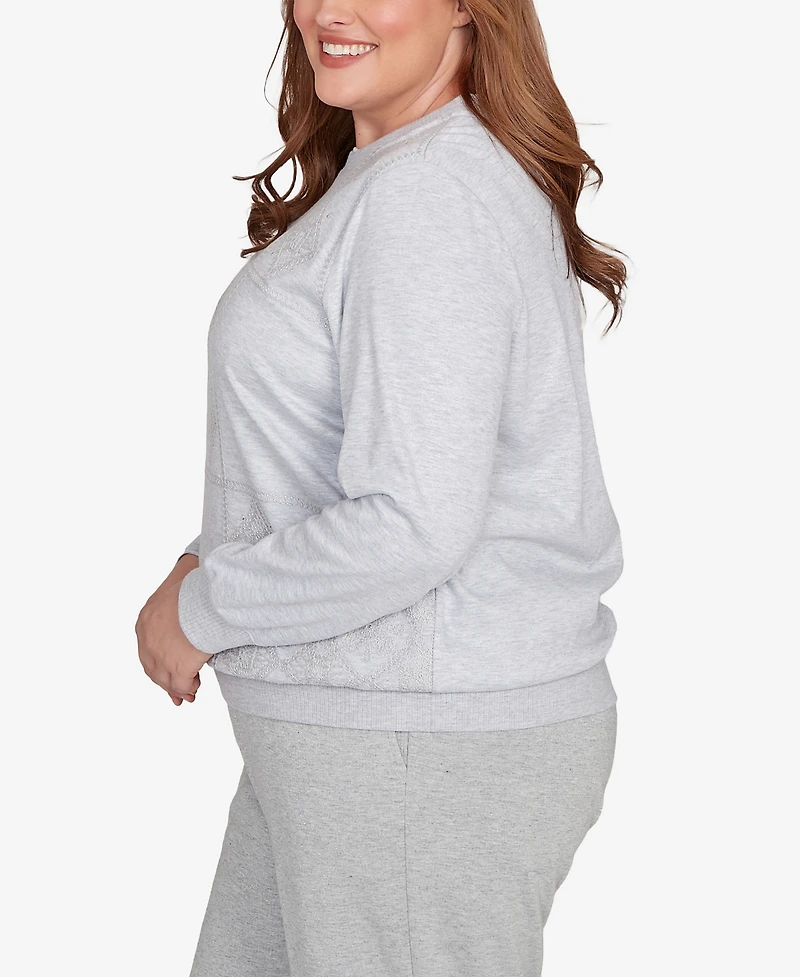 Alfred Dunner Plus Casual Vibe Embroidered Patchwork Long Sleeve Top