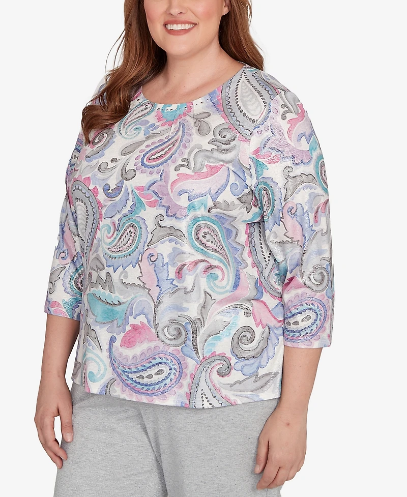 Alfred Dunner Plus Casual Vibe Pleated Paisley Crew Neck Top