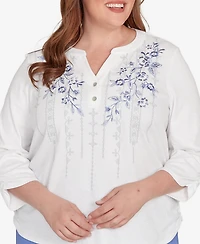 Alfred Dunner Plus Casual Vibe Geometric Floral Ruched Henley Top